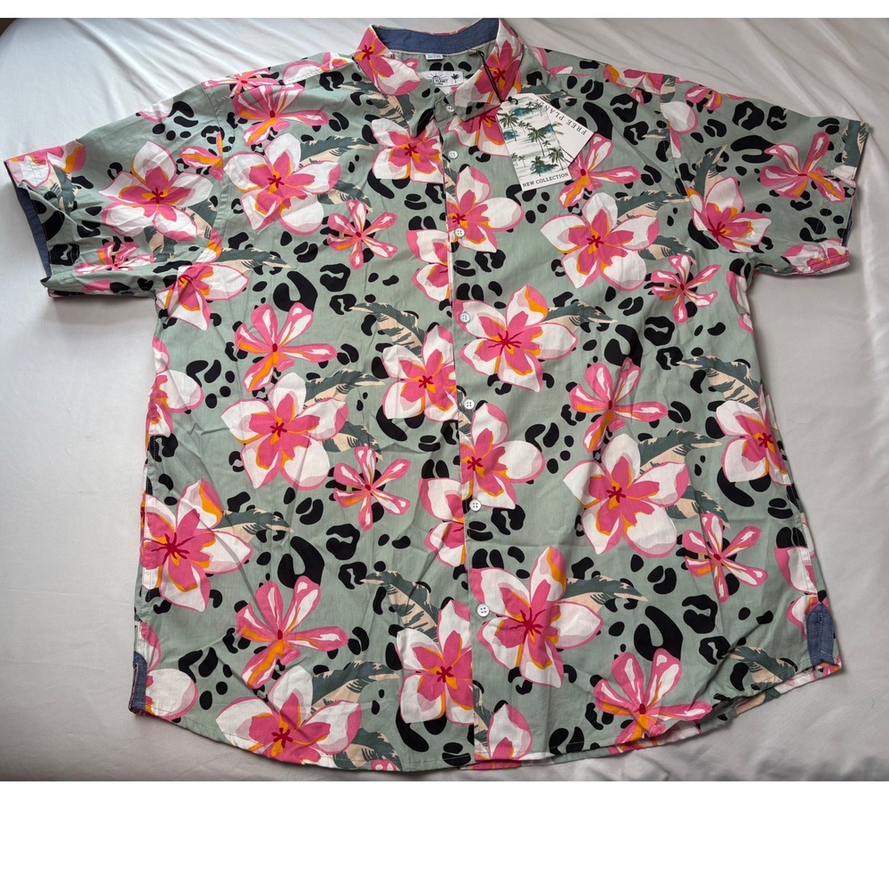 Free Planet Button Down Shirt Mens 3XL Aqua Mist New Floral Leopard Cotton